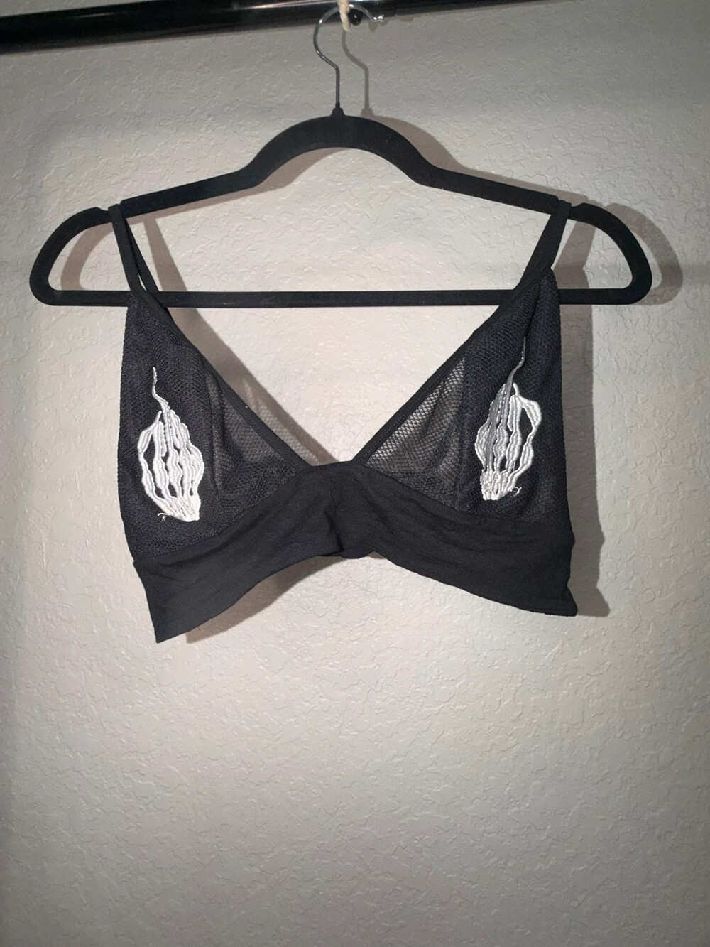 SHEIN Skull Middle Finger Mesh Triangle Bralette - Black, Size L